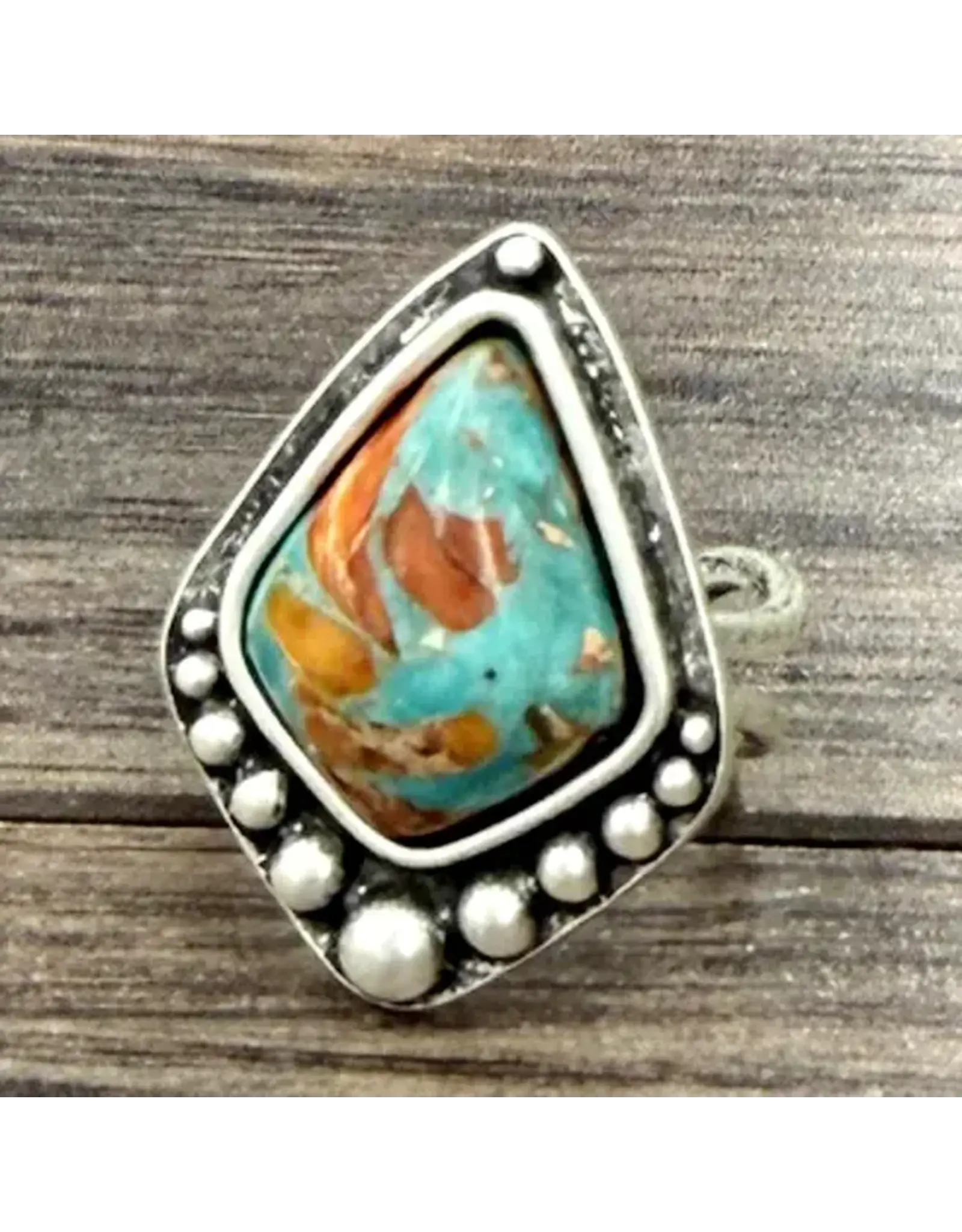 RING ADJUSTABLE KITE TURQUOISE ORANGE METAL BUBBLE