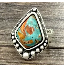 RING ADJUSTABLE KITE TURQUOISE ORANGE METAL BUBBLE