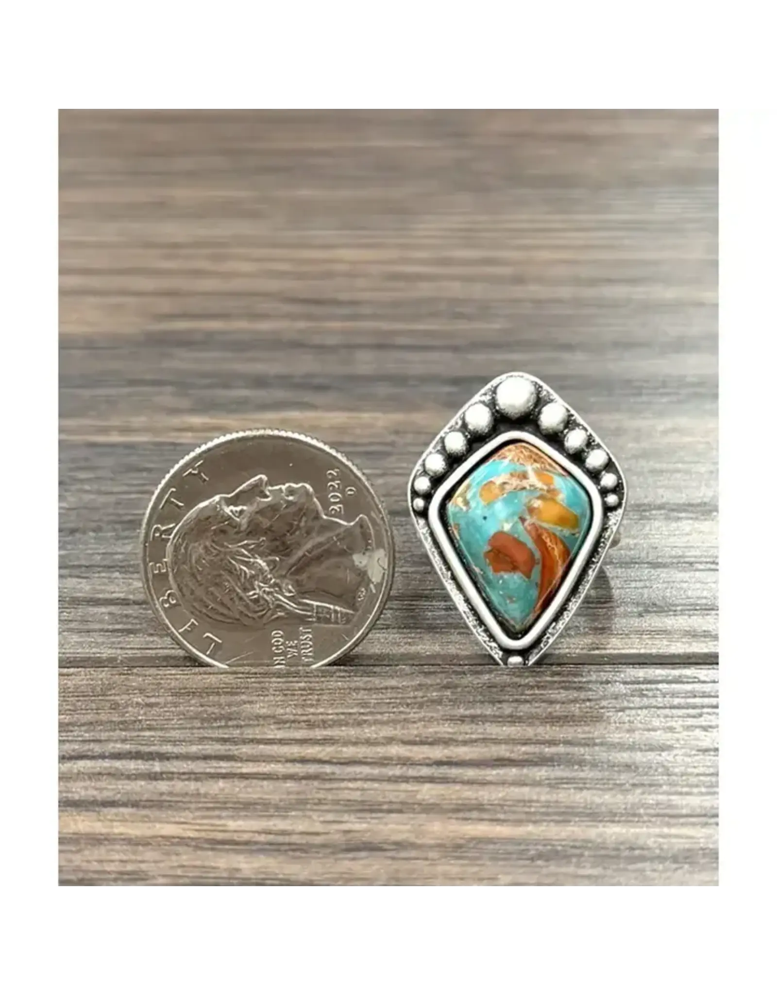 RING ADJUSTABLE KITE TURQUOISE ORANGE METAL BUBBLE
