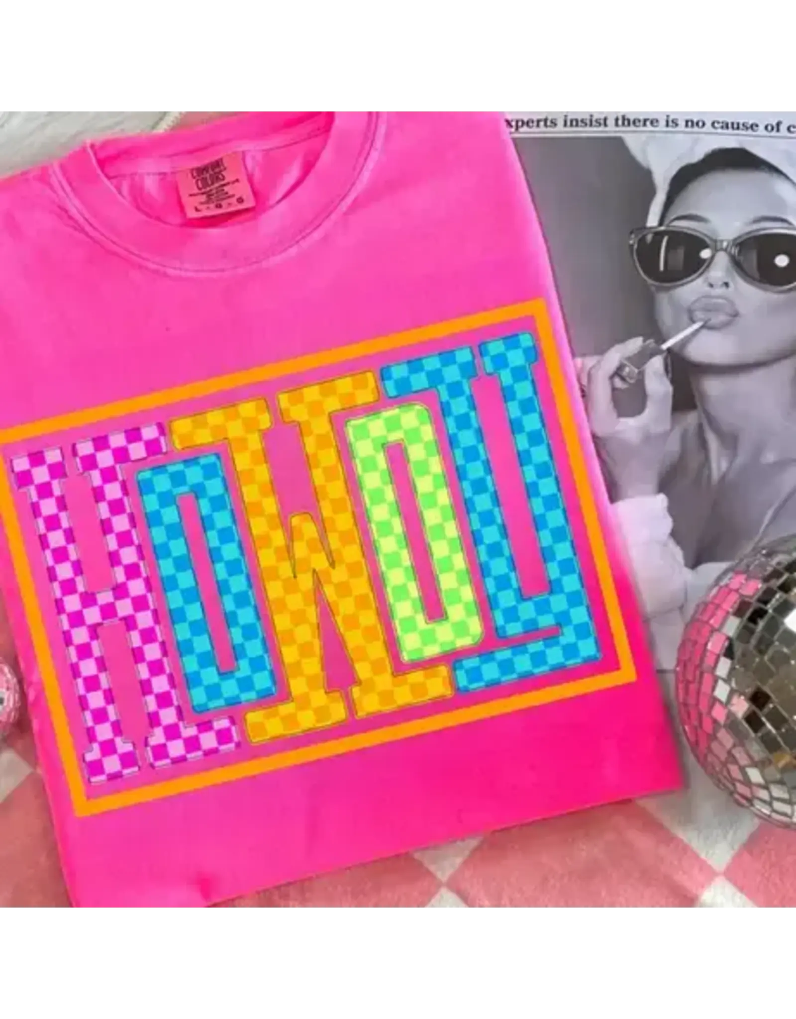 FAIRE SHIRT TEE PINK "HOWDY" CHECKERED COLORFUL