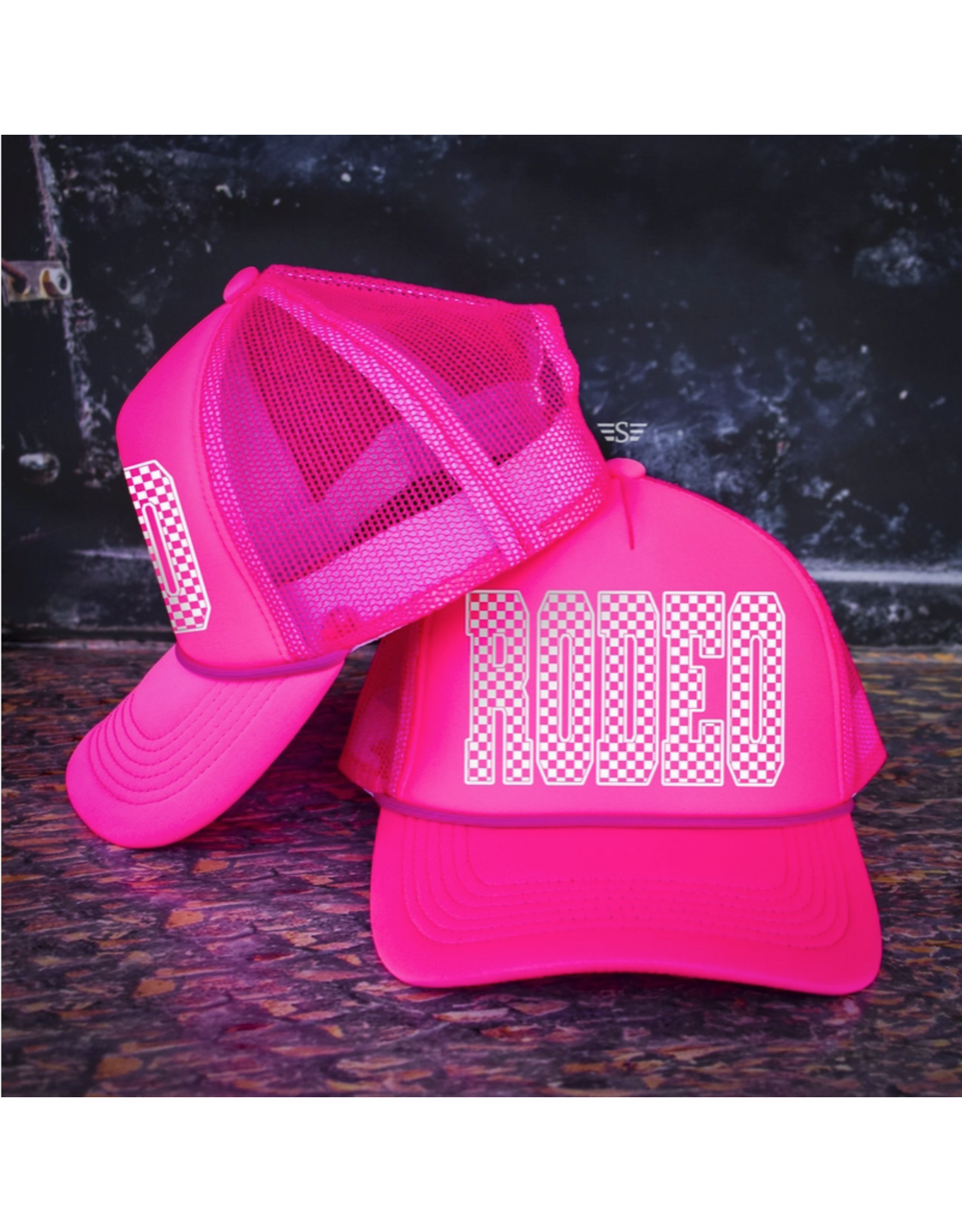 TRUCKER CAP WMS NEON PINK CHECKERED RODEO