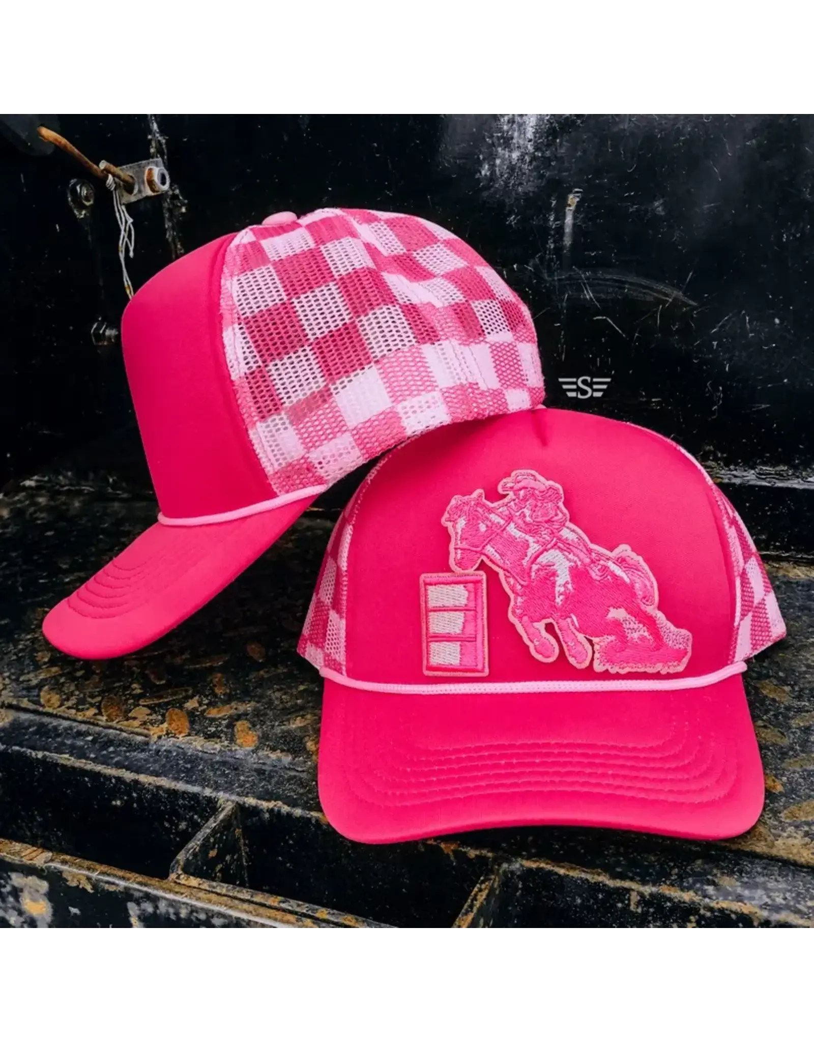 TRUCKER CAP WMS FOAM PINK CHECKERED BARREL RACER