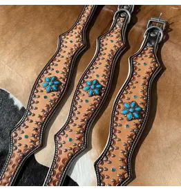 EQUIPAGE DOG COLLAR TOOLED LEATHER W/ TURQ CONCHOS