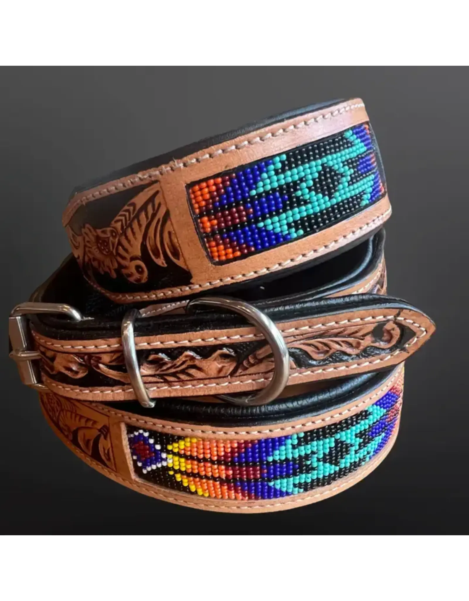 EQUIPAGE DOG COLLAR TOOLED LEATHER W/ TURQ BEADS