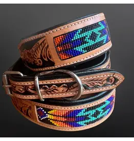 EQUIPAGE DOG COLLAR TOOLED LEATHER W/ TURQ BEADS