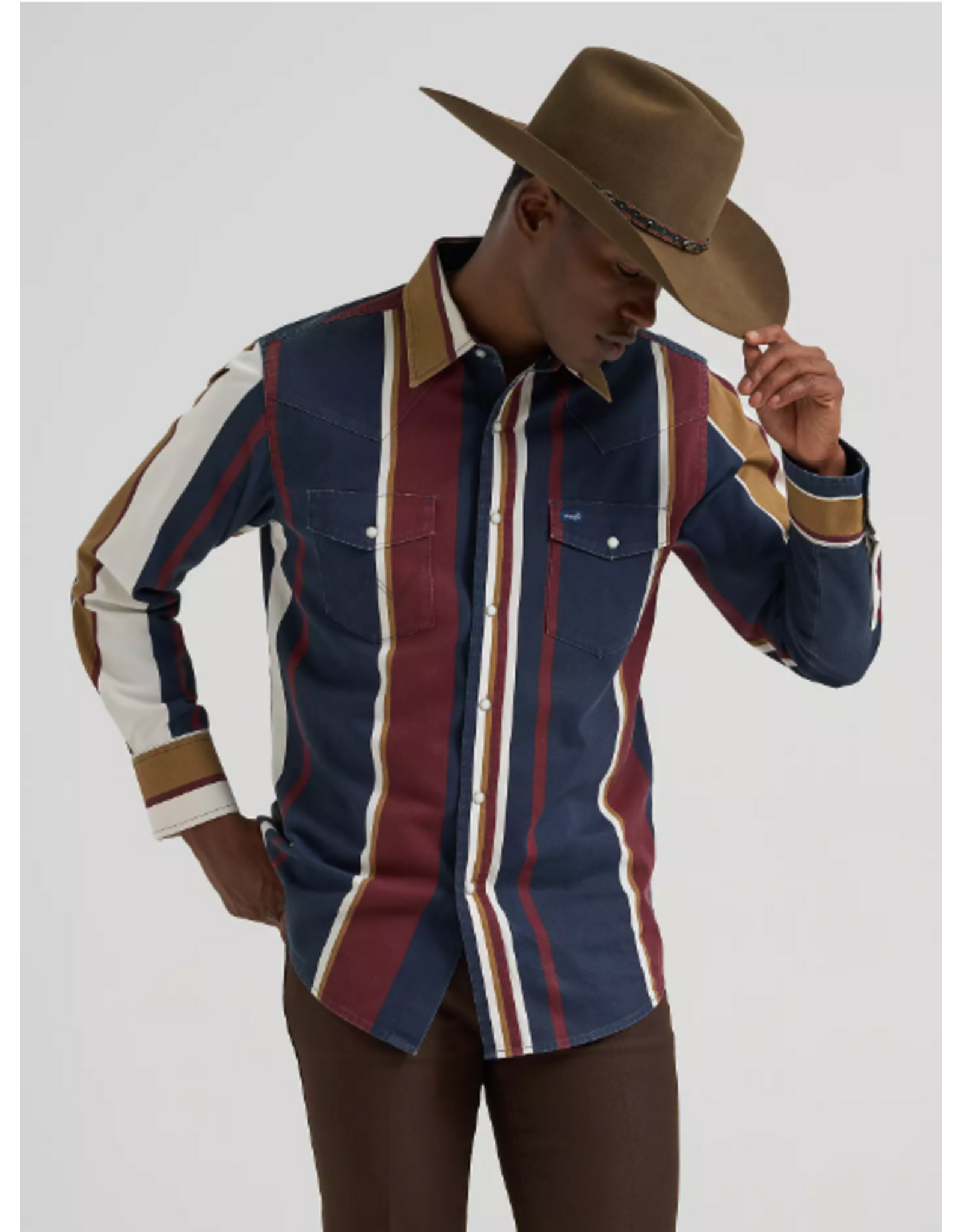 SHIRT MNS WRANGLER BRUSH POPPER BOWN NAVY WHITE
