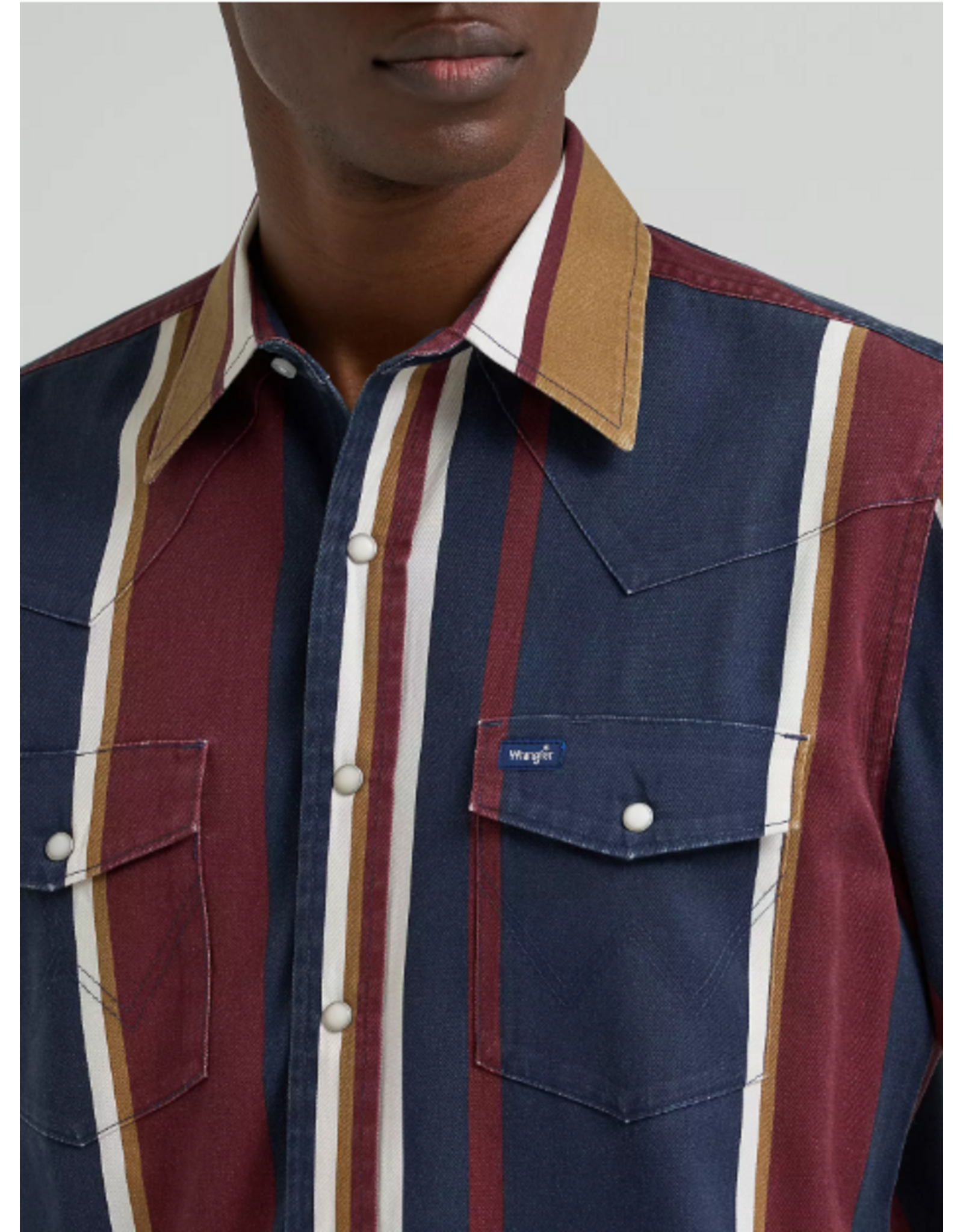 SHIRT MNS WRANGLER BRUSH POPPER BOWN NAVY WHITE