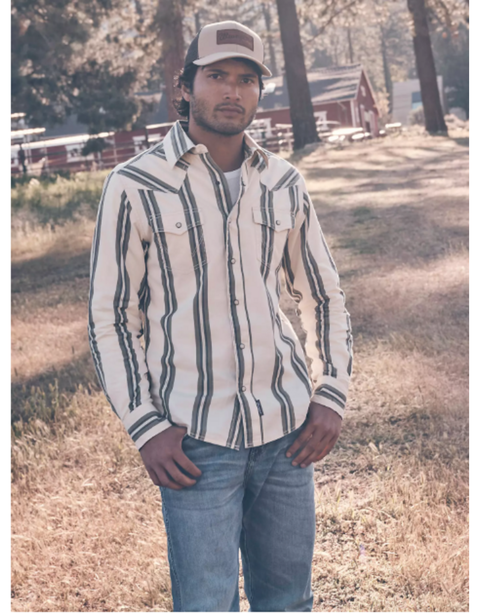 SHIRT MNS WRANGLER CREAM AND GREEN STRIPE