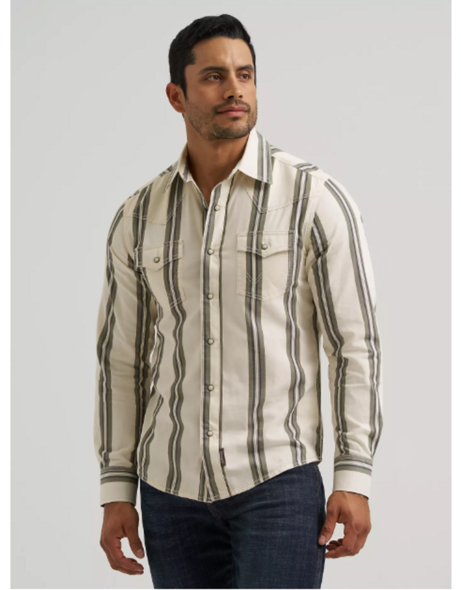 SHIRT MNS WRANGLER CREAM AND GREEN STRIPE