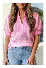 SHIRT WMS PINK STRIPED V NECK SS