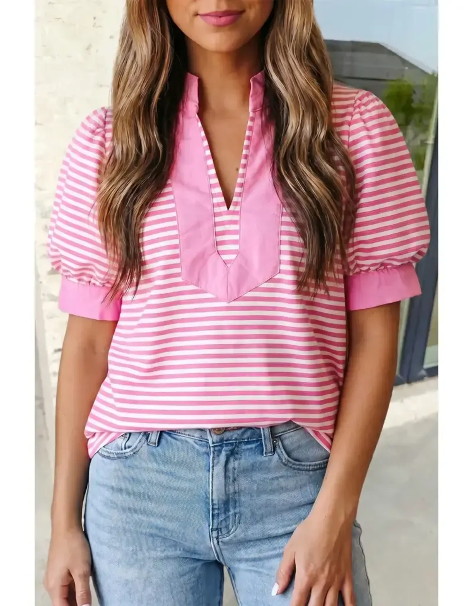 SHIRT WMS PINK STRIPED V NECK SS