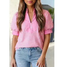 SHIRT WMS PINK STRIPED V NECK SS