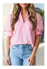 SHIRT WMS PINK STRIPED V NECK SS