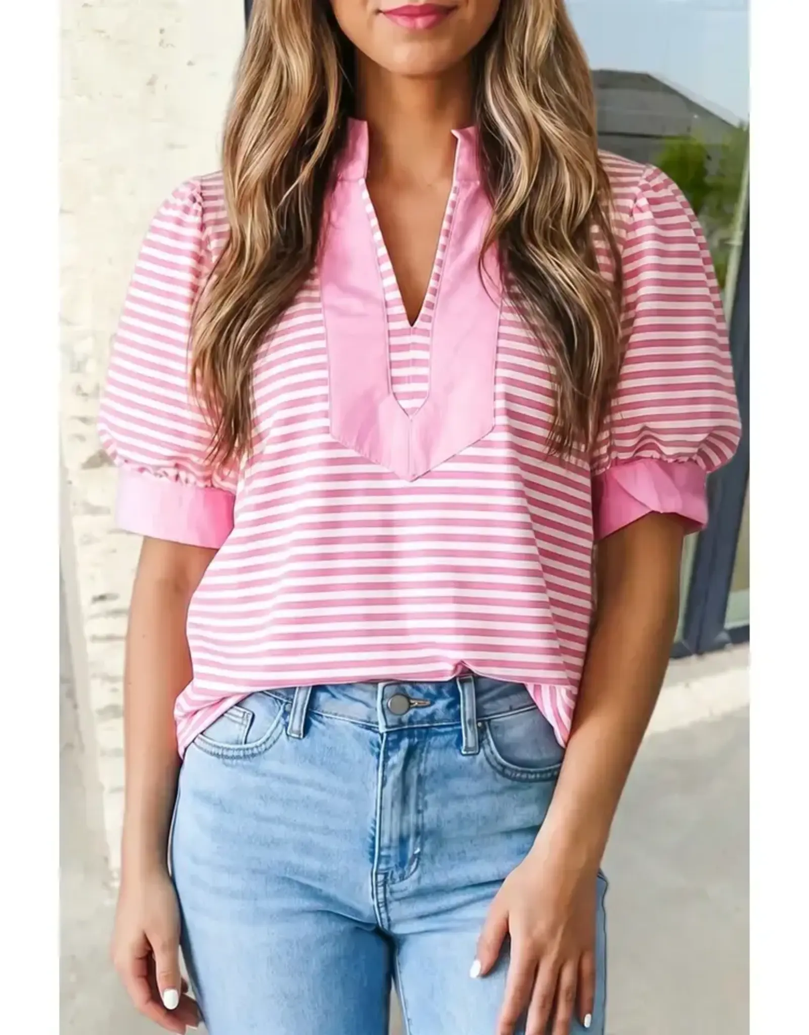 SHIRT WMS PINK STRIPED V NECK SS