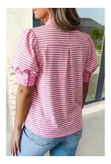 SHIRT WMS PINK STRIPED V NECK SS