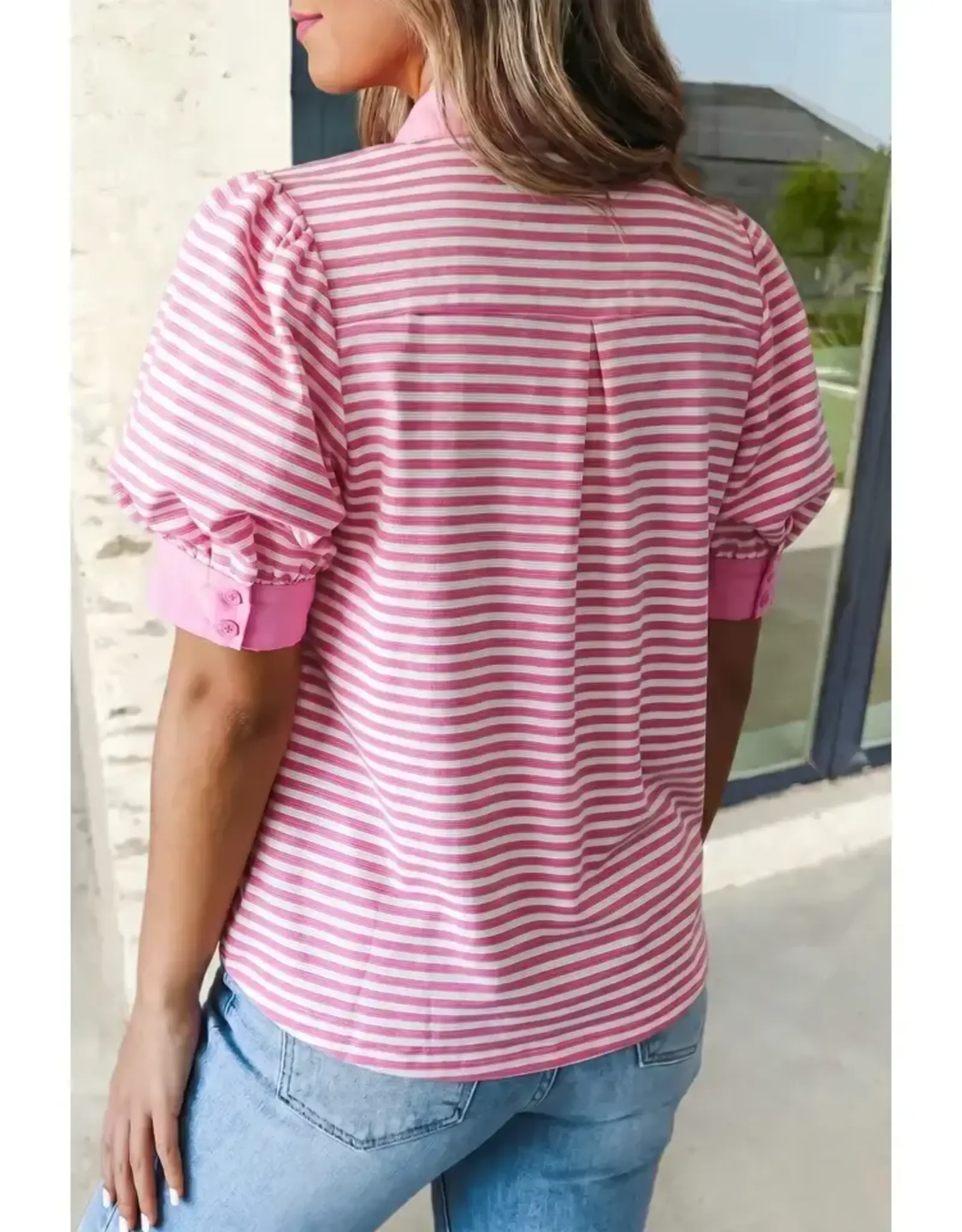 SHIRT WMS PINK STRIPED V NECK SS