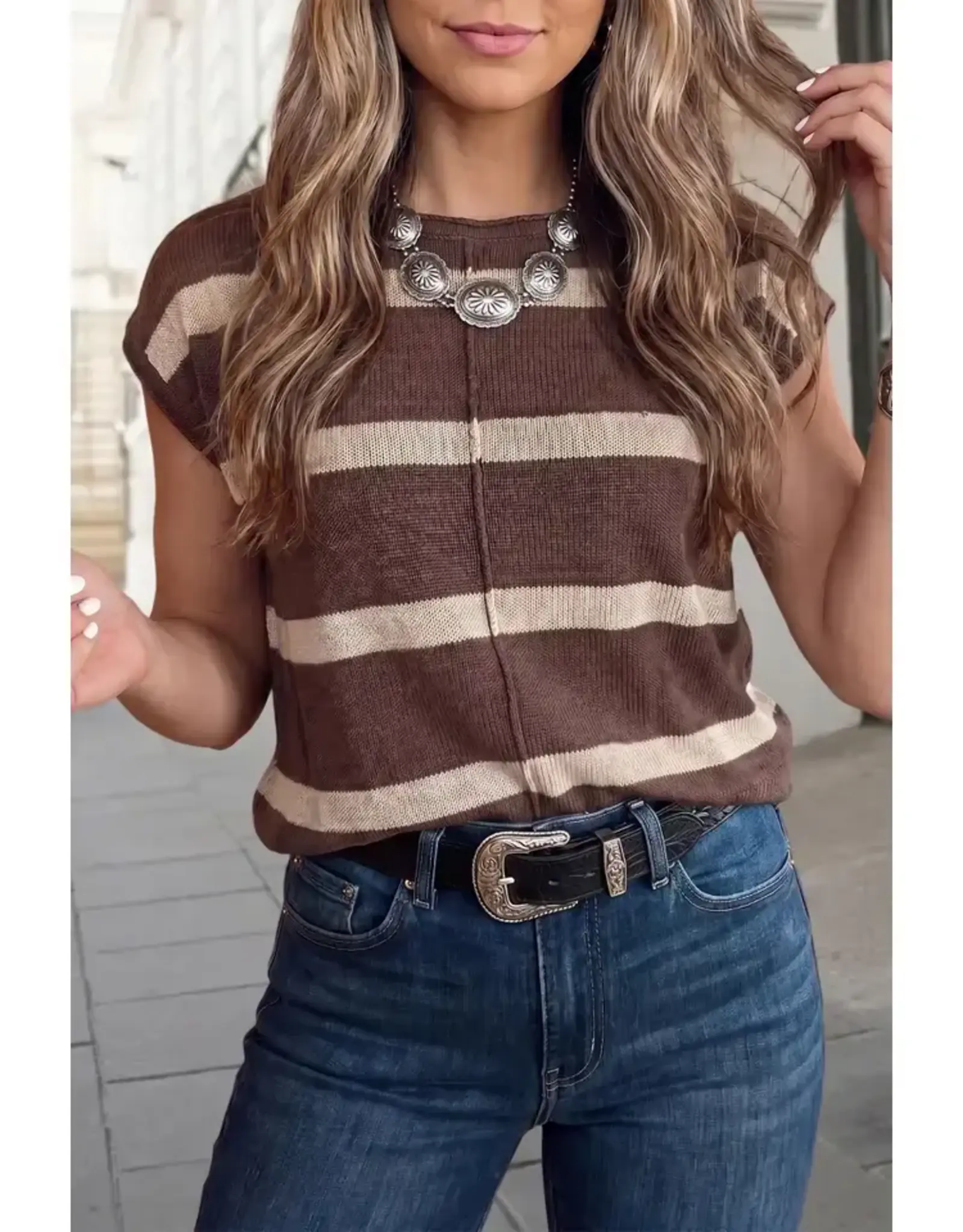 SWEATER VEST WMS BROWN STRIPE