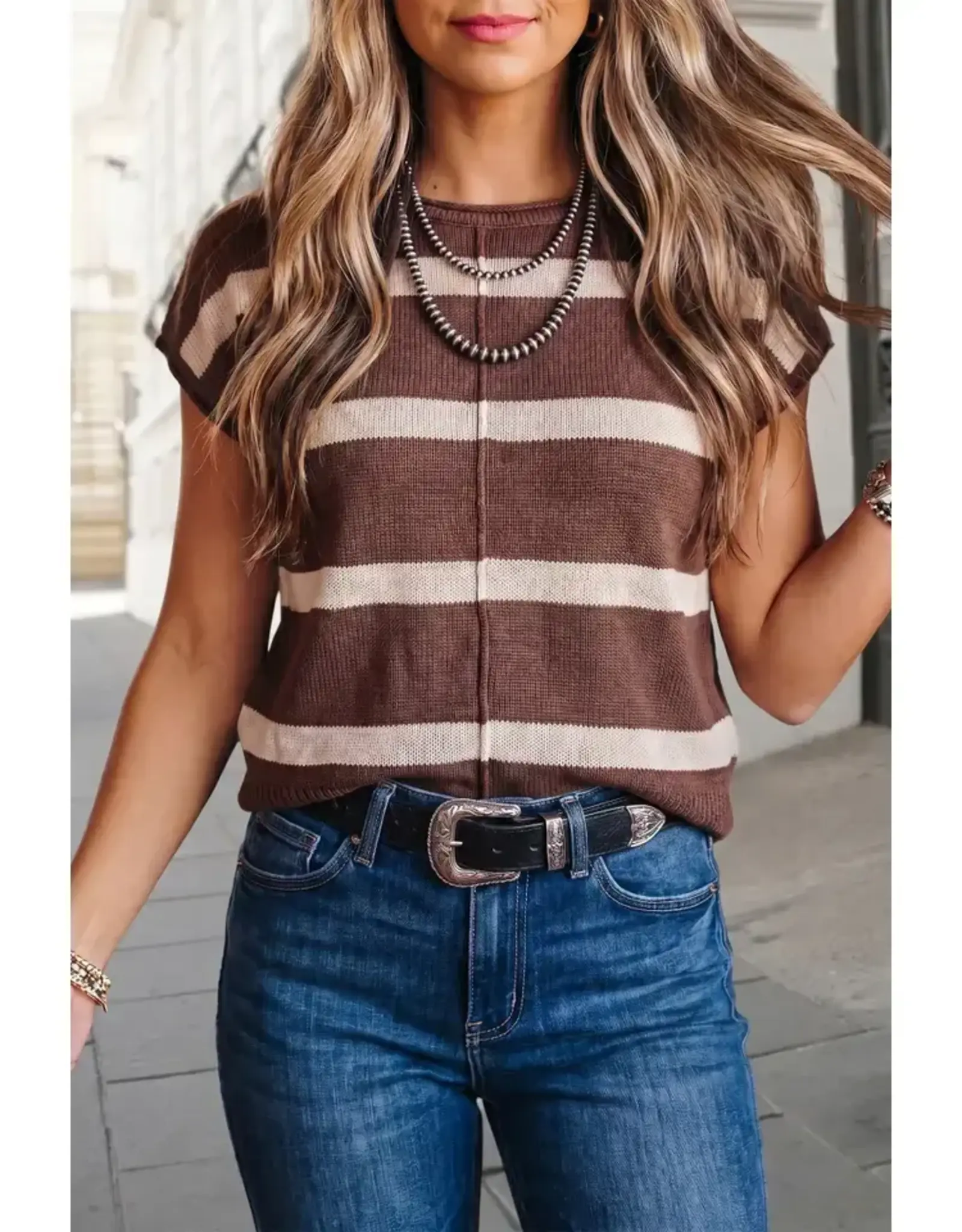 SWEATER VEST WMS BROWN STRIPE