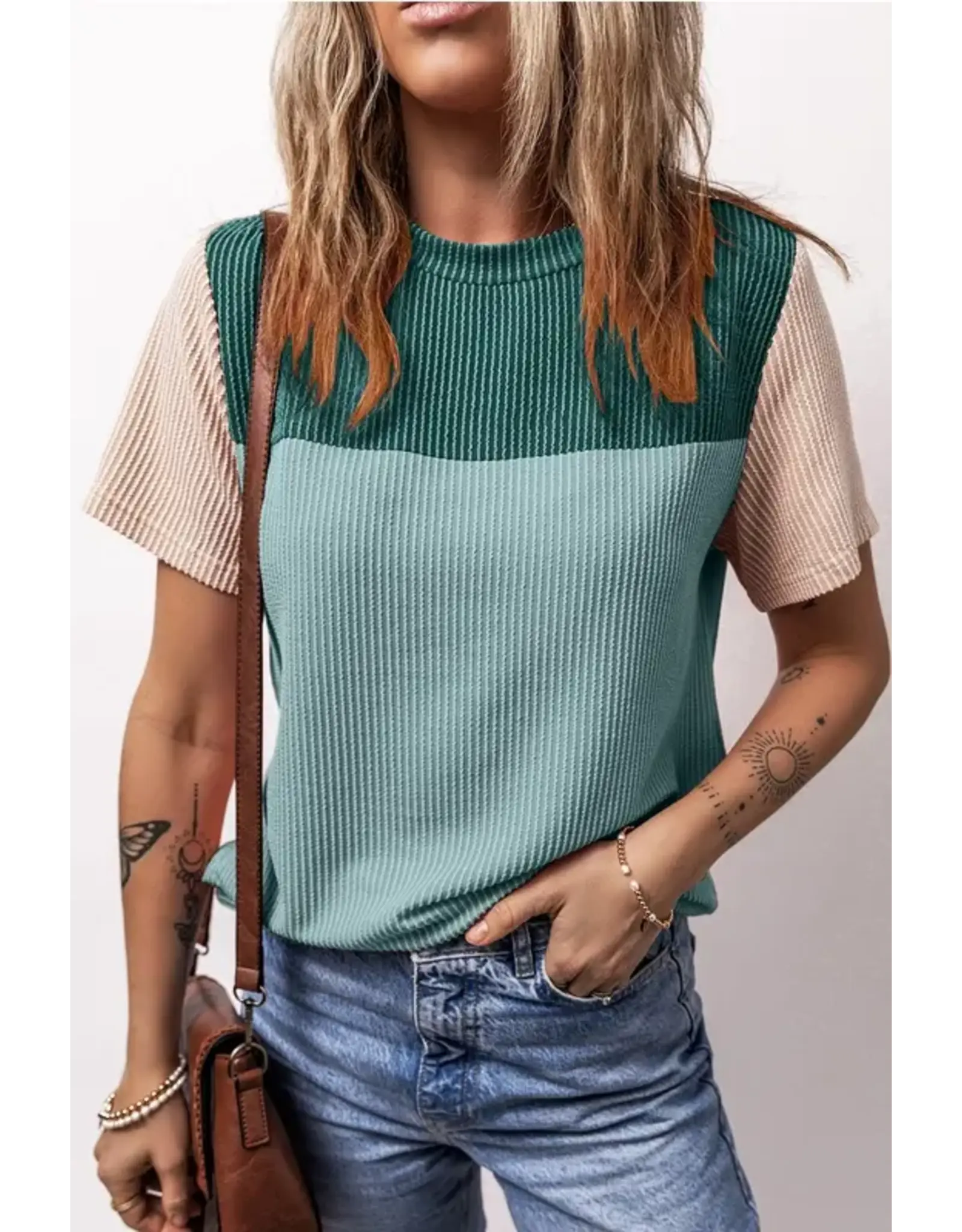 SHIRT WMS RIB TEXTURE COLORBLOCK SS GREEN/TEAL
