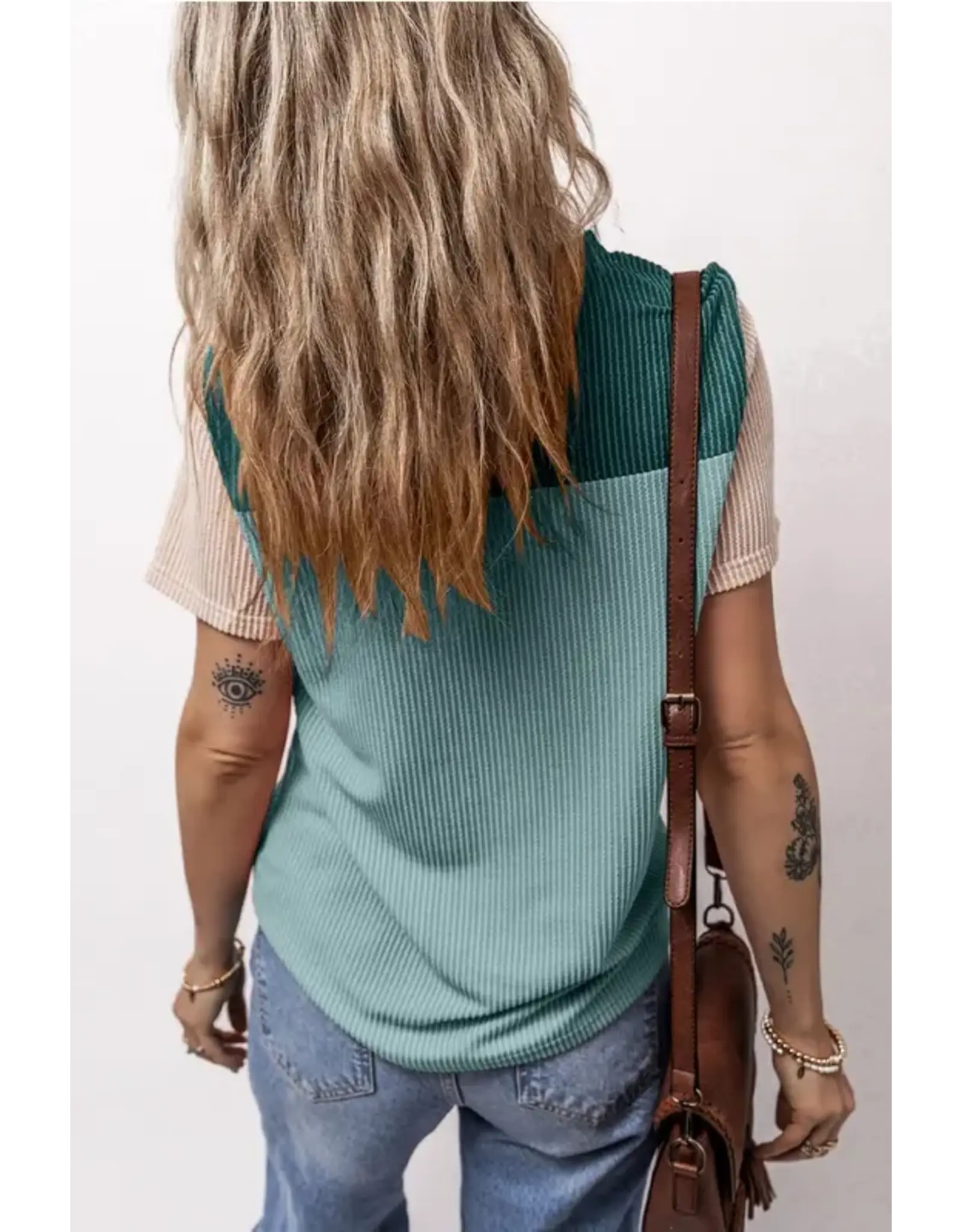 SHIRT WMS RIB TEXTURE COLORBLOCK SS GREEN/TEAL