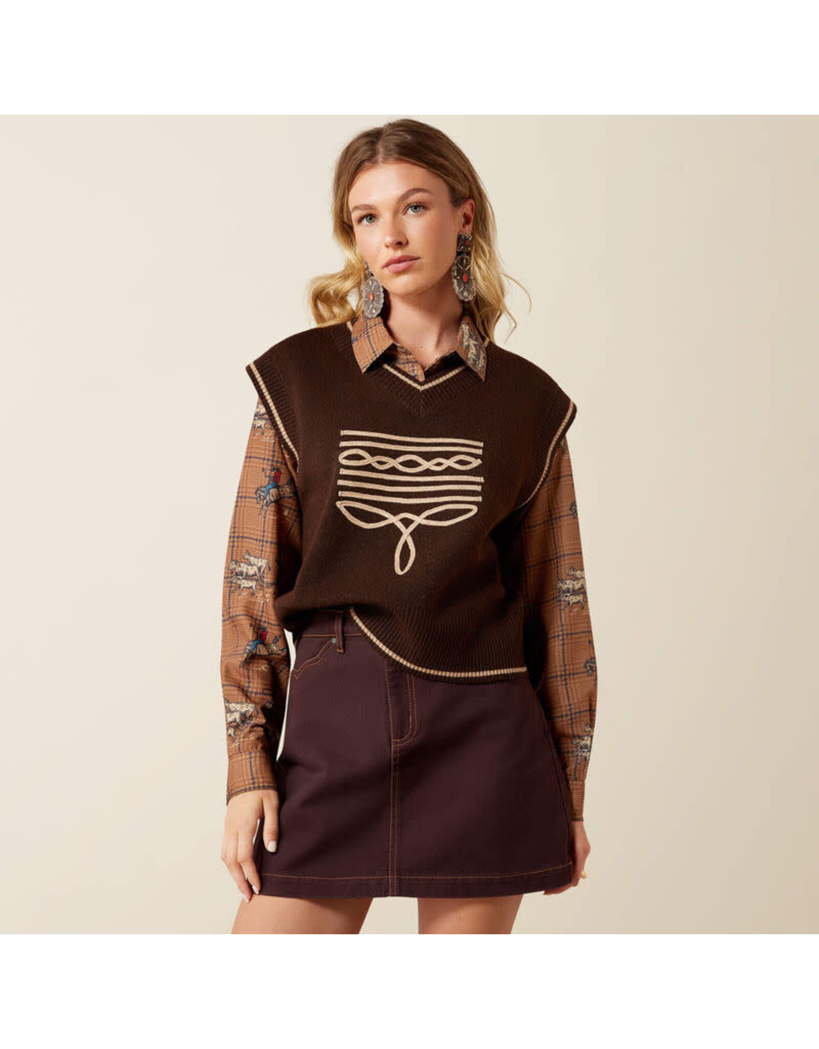 SWEATER VEST WMS ARIAT COFFEE BOOT STITCH