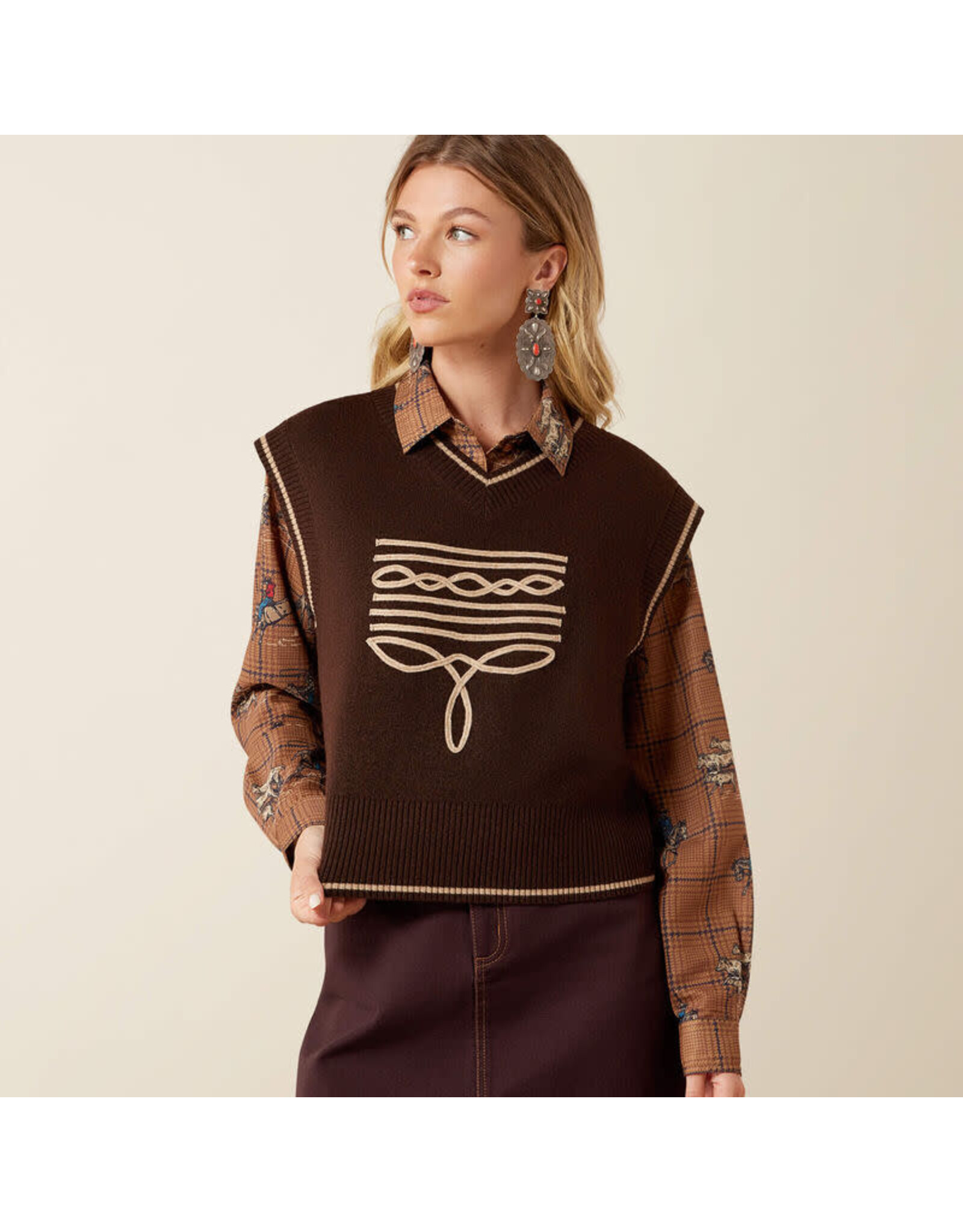 SWEATER VEST WMS ARIAT COFFEE BOOT STITCH