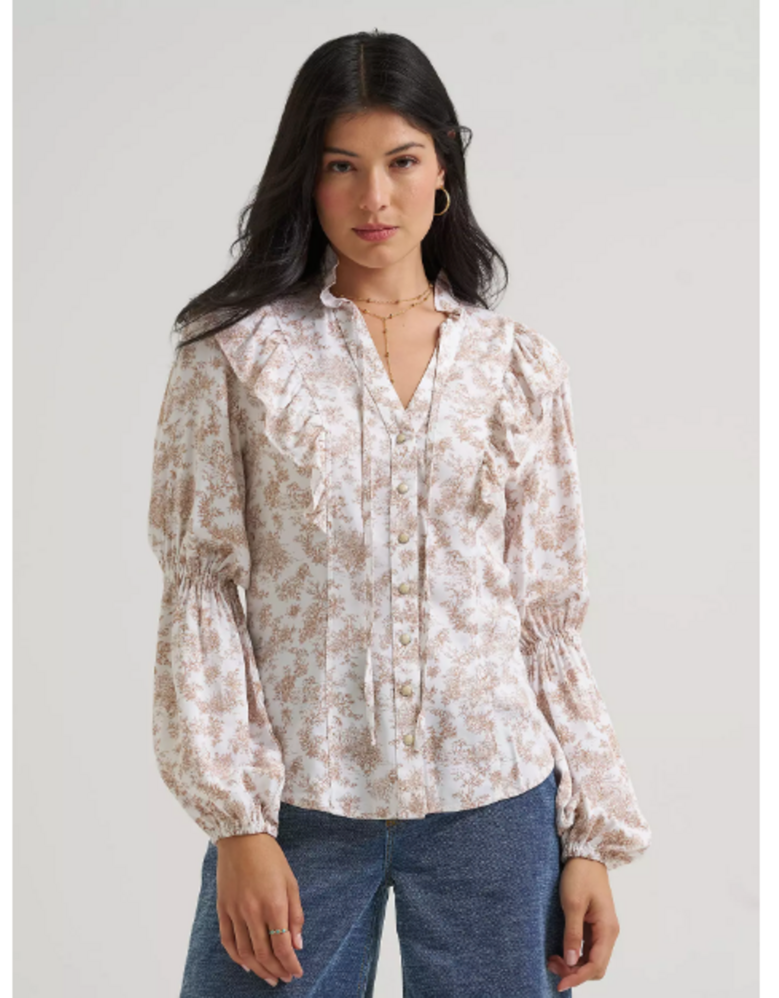 BLOUSE WMS WRANGLER LANIEY WHITE AND TAN FLOWER