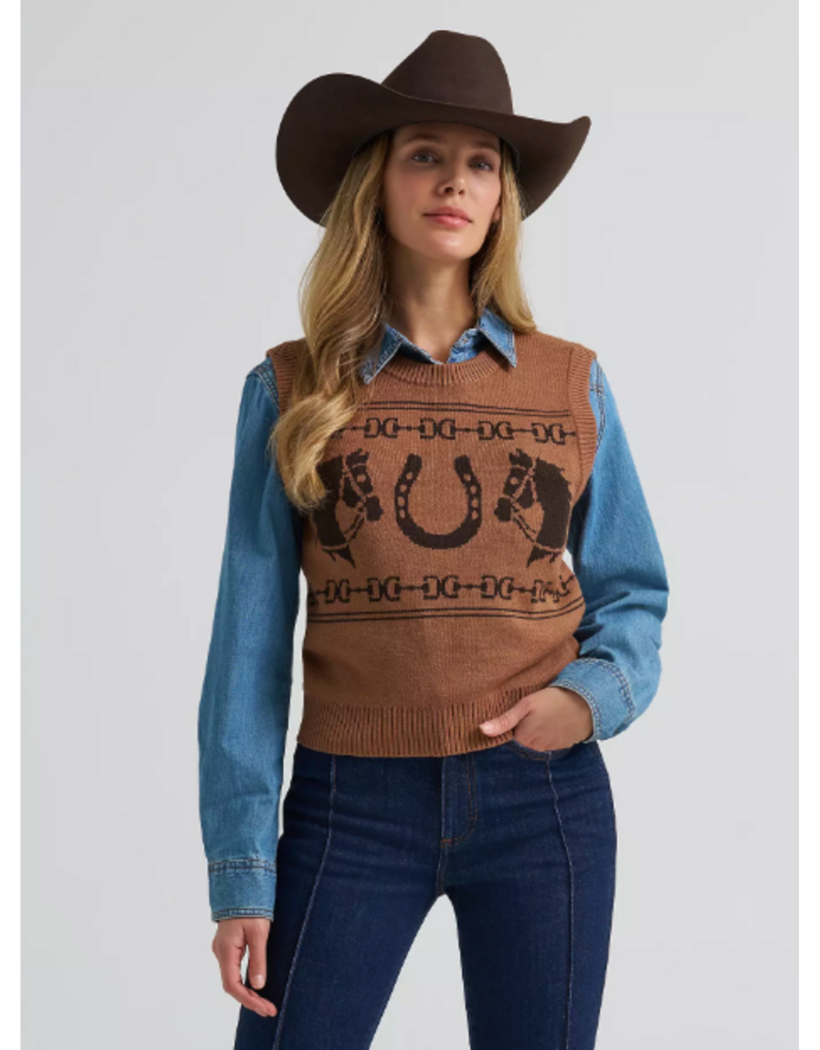 SWEATER VEST WMS WRANGLER BROWN HORSES