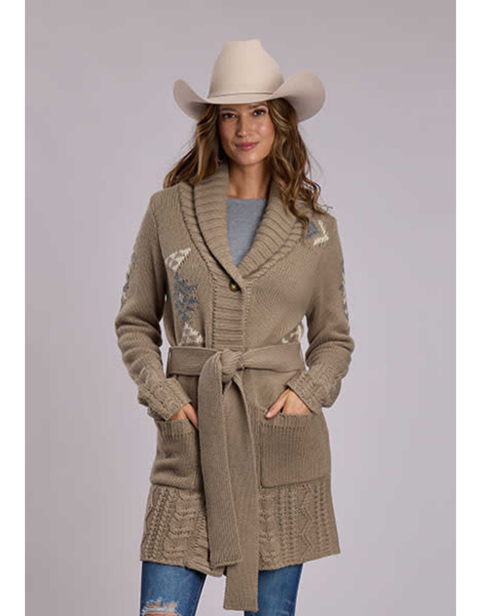 SWEATER WMS STESTSON LONG BUTTON TIE TAN
