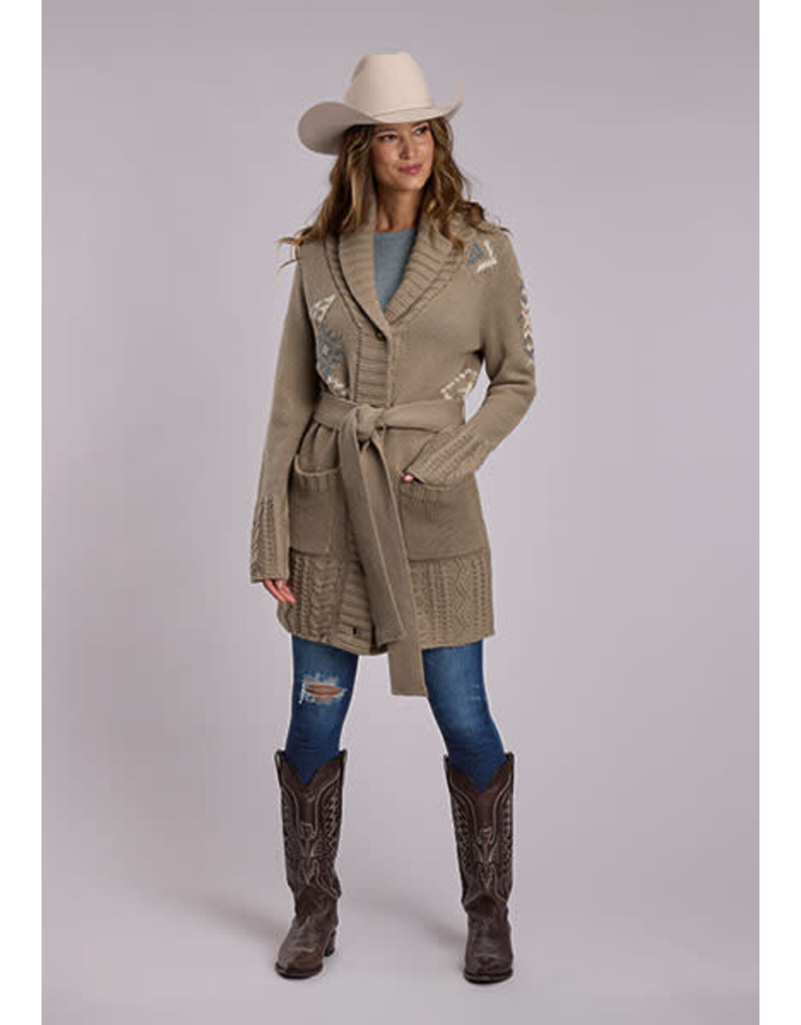 SWEATER WMS STESTSON LONG BUTTON TIE TAN