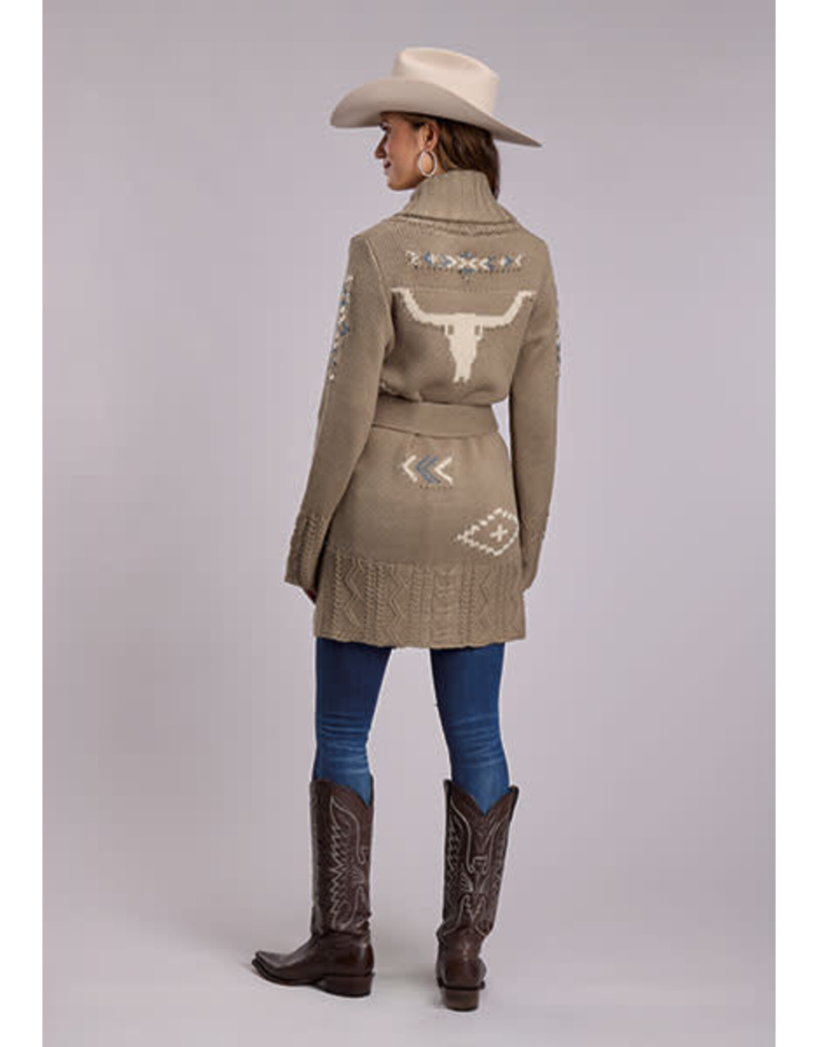 SWEATER WMS STESTSON LONG BUTTON TIE TAN