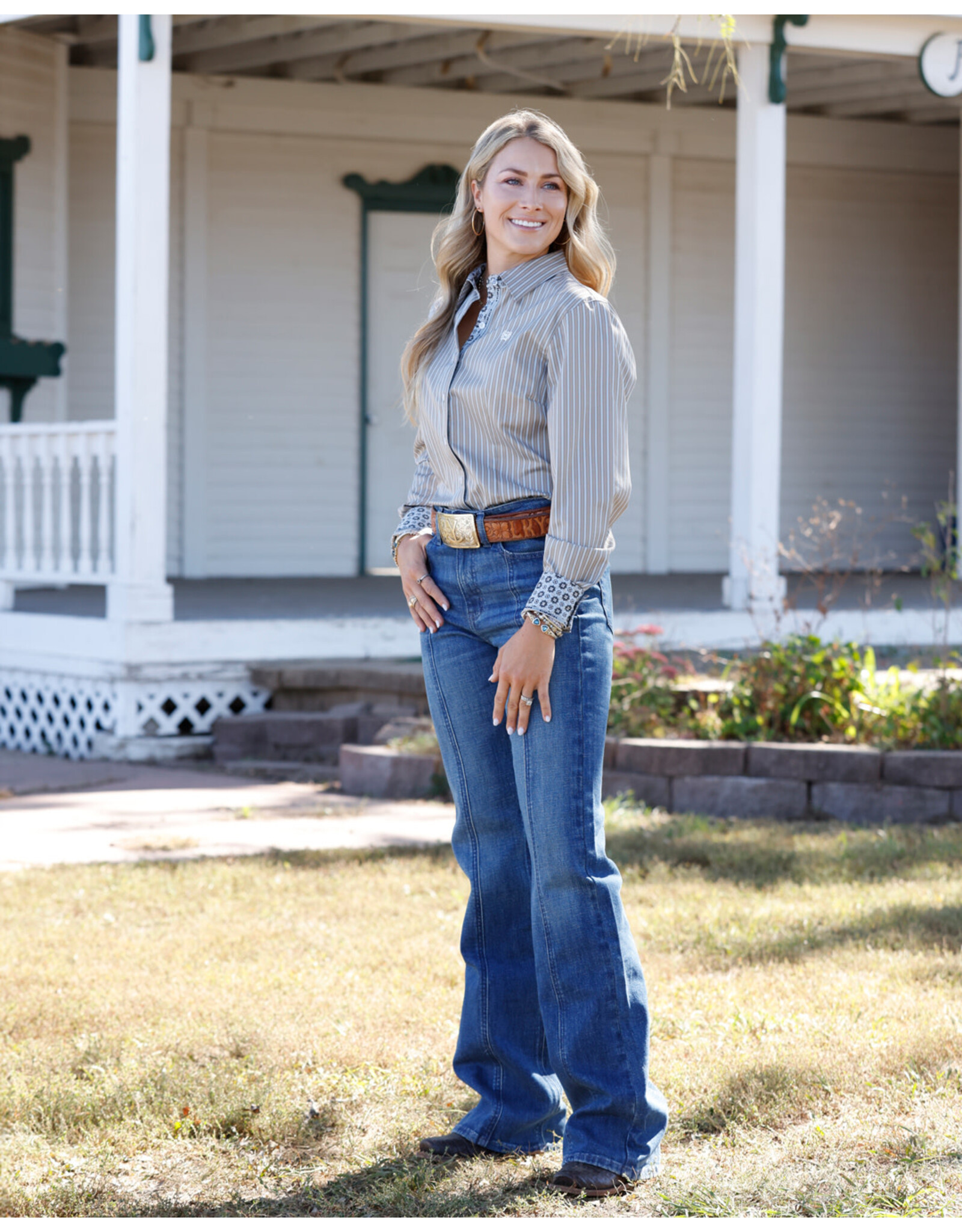 SHIRT WMS CINCH BUTTON TAN BLUE WHITE STRIPE