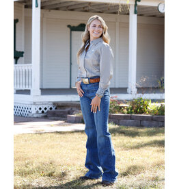 SHIRT WMS CINCH BUTTON TAN BLUE WHITE STRIPE