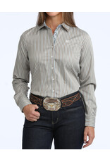 SHIRT WMS CINCH BUTTON TAN BLUE WHITE STRIPE