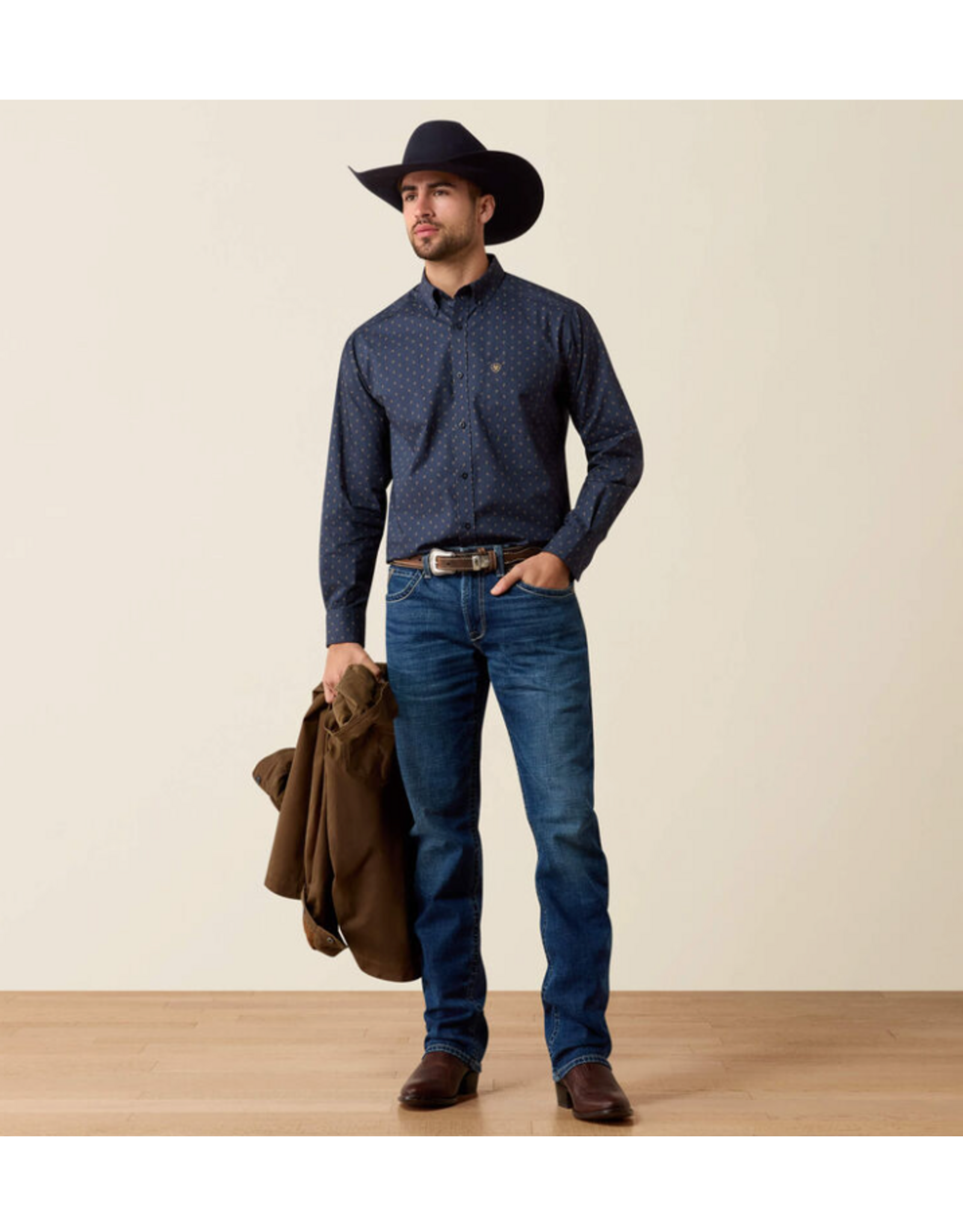 SHIRT MNS ARIAT LS CANYON BLUE NIGHT FOULARD PRINT