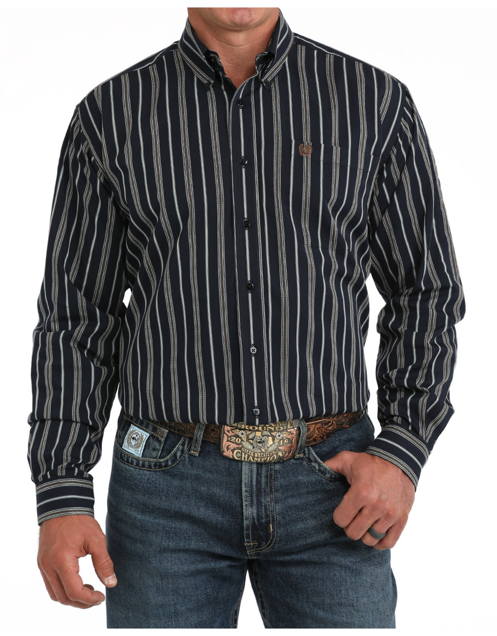 SHIRT MNS CINCH NAVY BROWN WHITE STRIPE