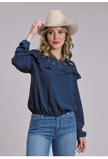 BLOUSE WMS ROPER NAVY V NECK RUFFLE