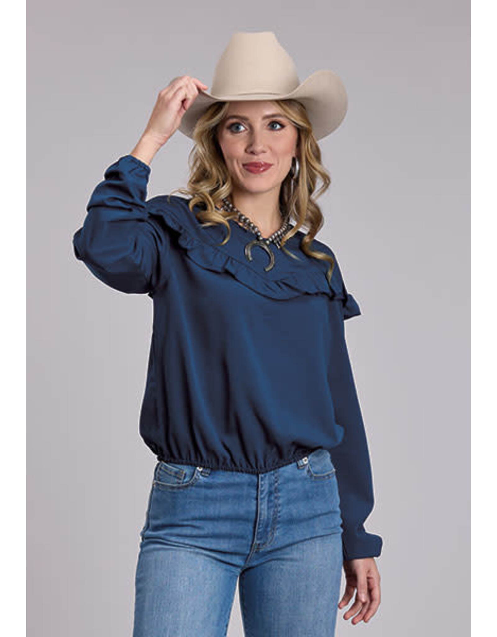 BLOUSE WMS ROPER NAVY V NECK RUFFLE