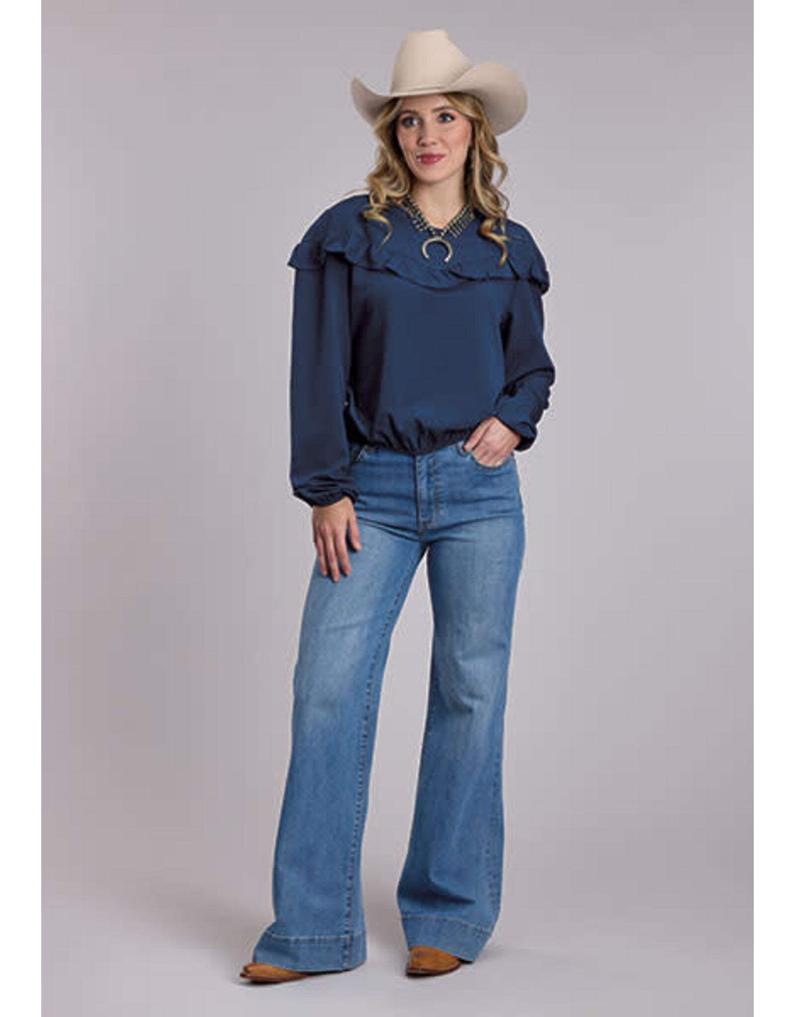 BLOUSE WMS ROPER NAVY V NECK RUFFLE