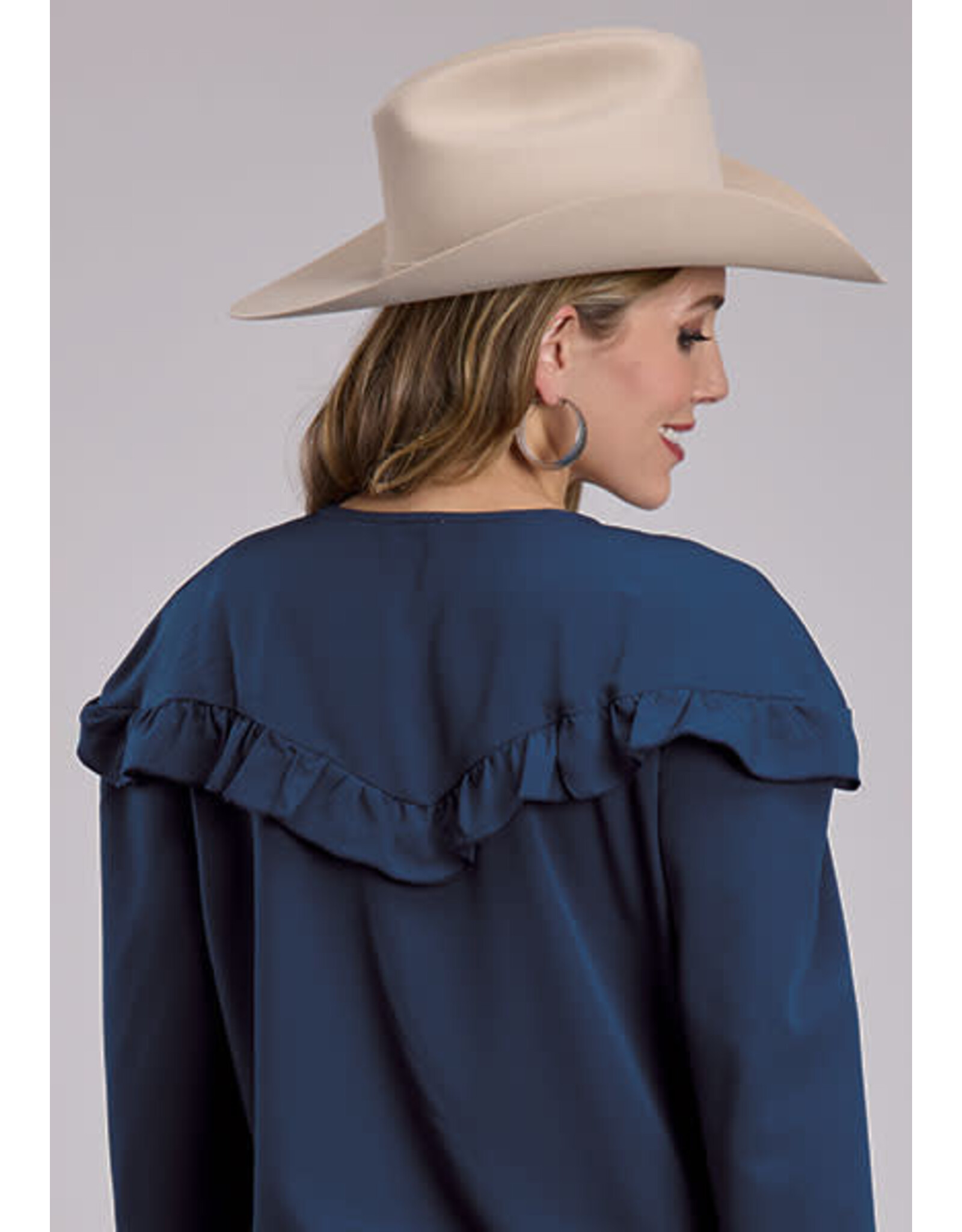 BLOUSE WMS ROPER NAVY V NECK RUFFLE