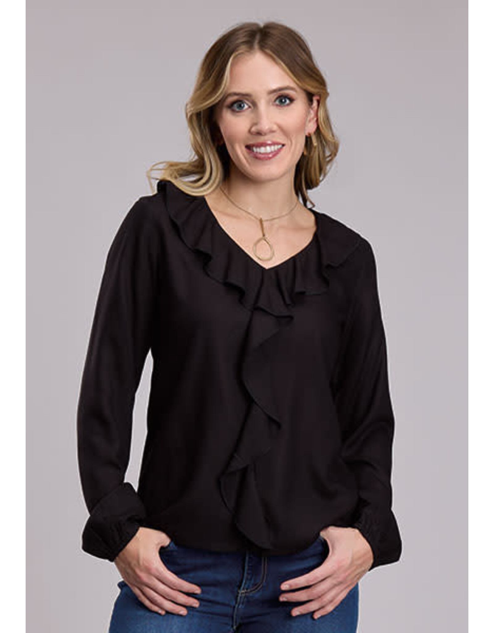 BLOUSE WMS ROPER BLACK CHALLIS PEASANT LS