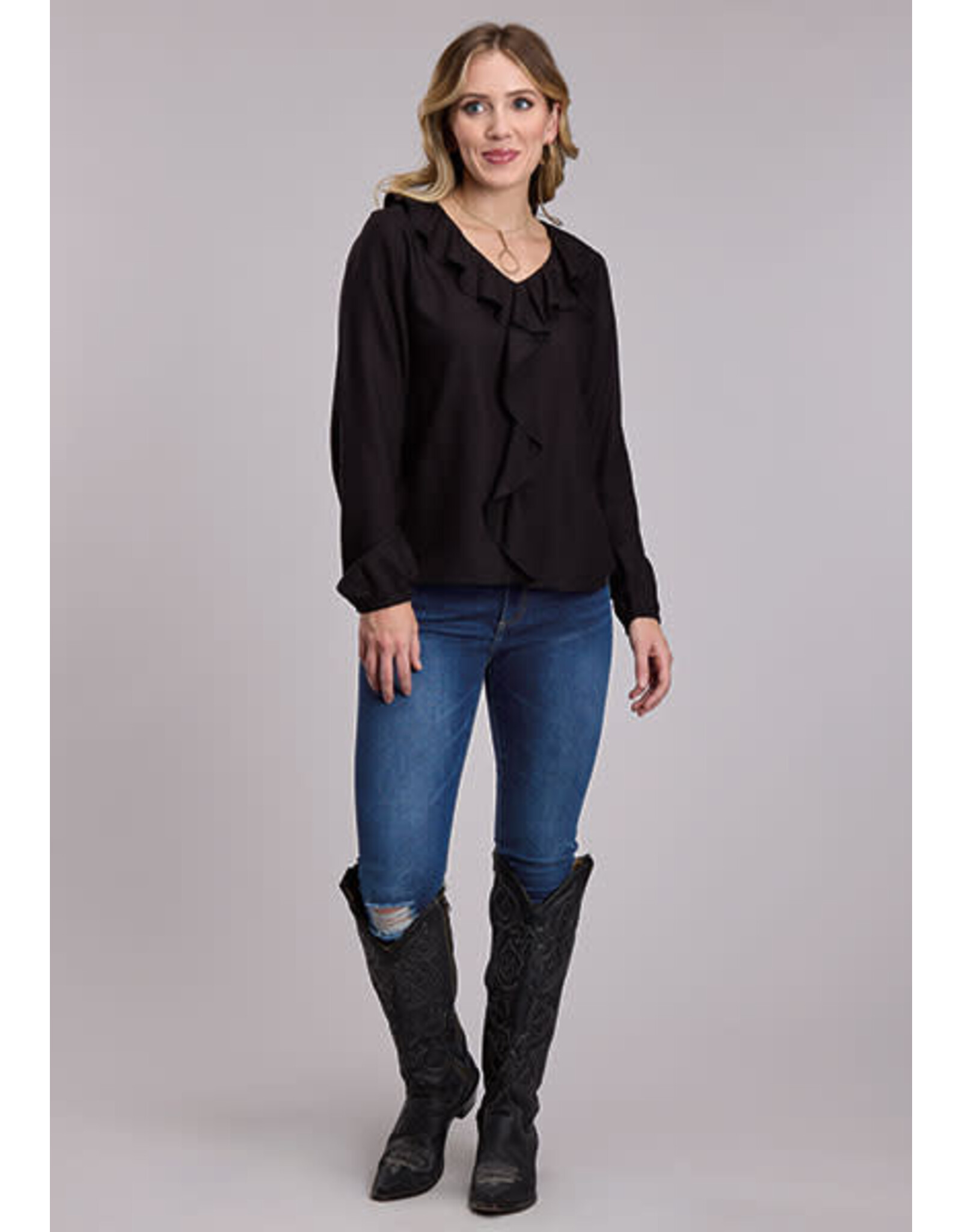 BLOUSE WMS ROPER BLACK CHALLIS PEASANT LS