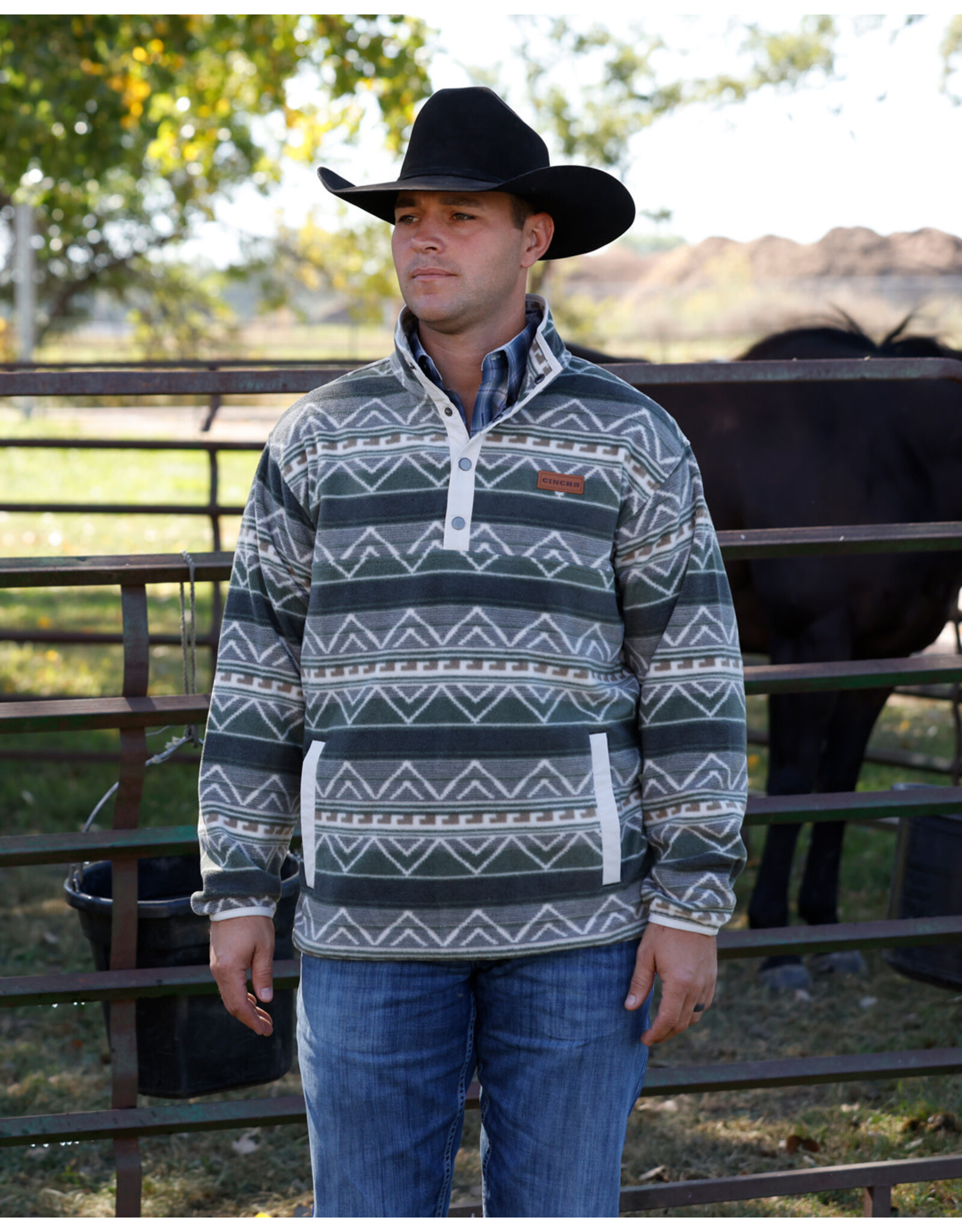 CINCH PULLOVER CINCH FLEECE OLIVE GREEN AZTEC BUTTON