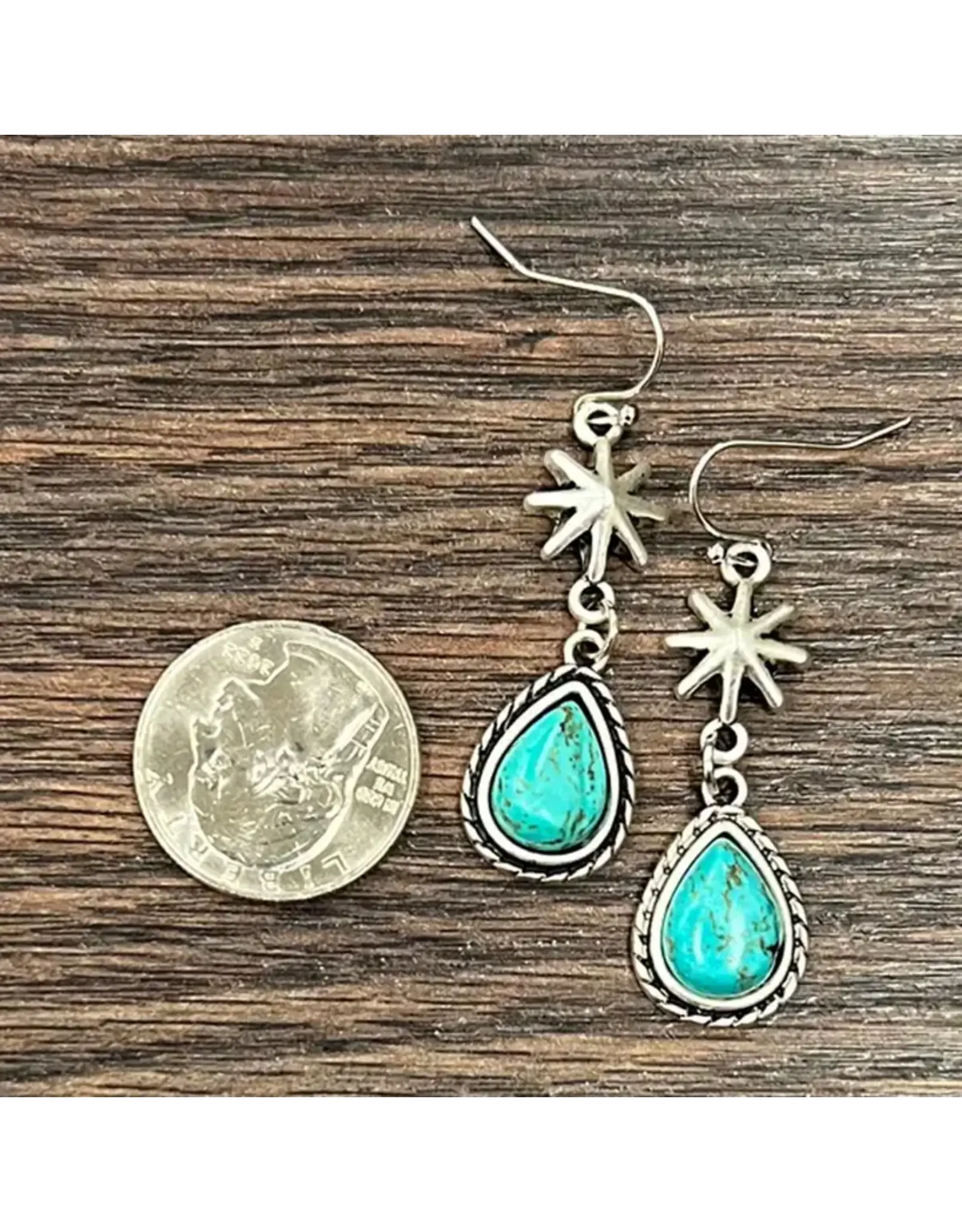 EARRINGS DANGLE WESTERN TURQUOISE TEARDROP WITH SPUR ROWELS
