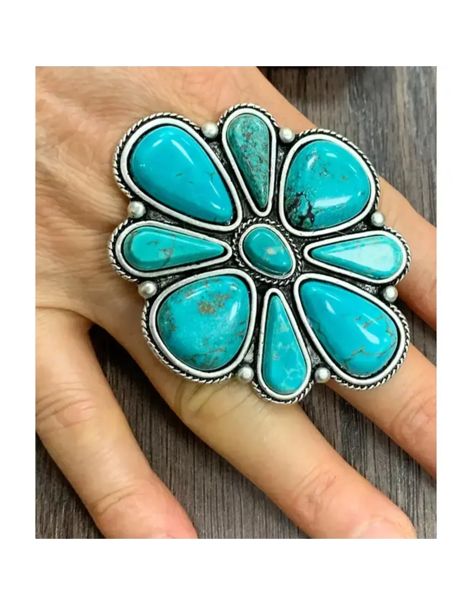 RING TURQUOISE HUGE 2.7" FLOWER CONCHO