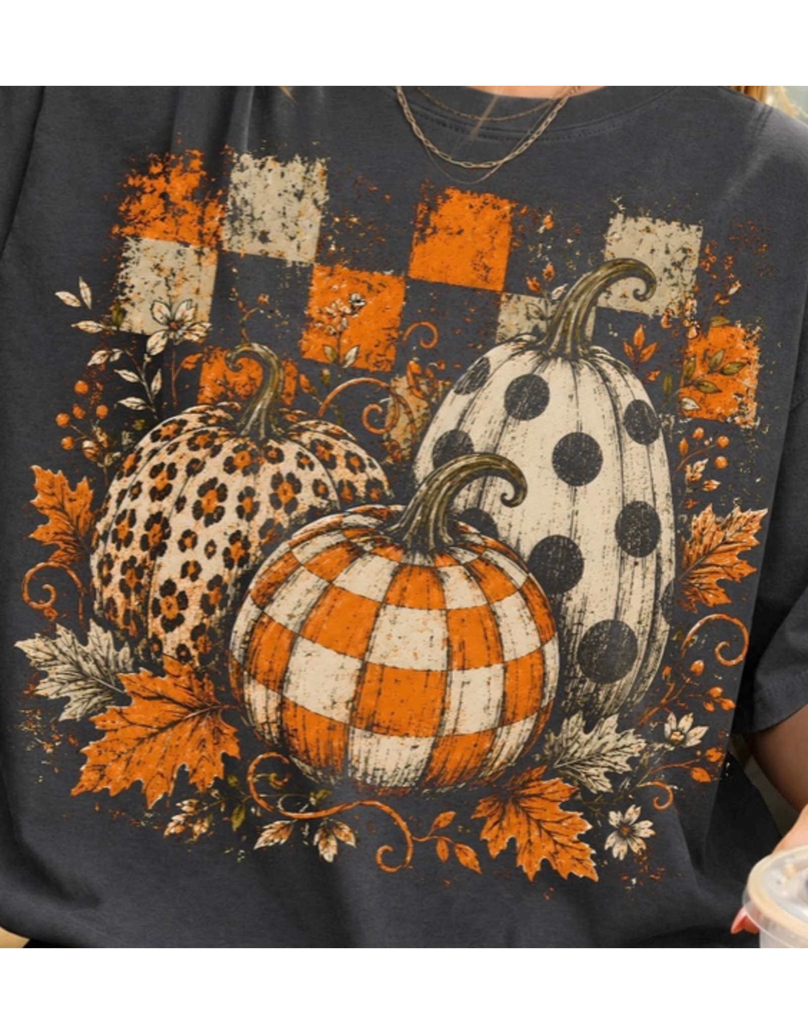 SOUTHERN ATTITUDE DESIGNS INC SWEATSHIRT WMS  GREY CHECKERED PUMPKINS