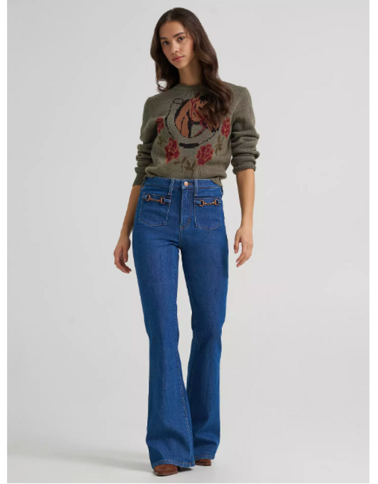 SWEATER WMS WRANGLER GREEN HORSE