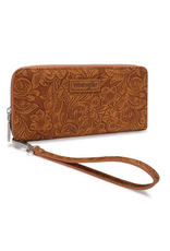 WRISTLET WALLET FLORAL TOOLED RIFD BROWN