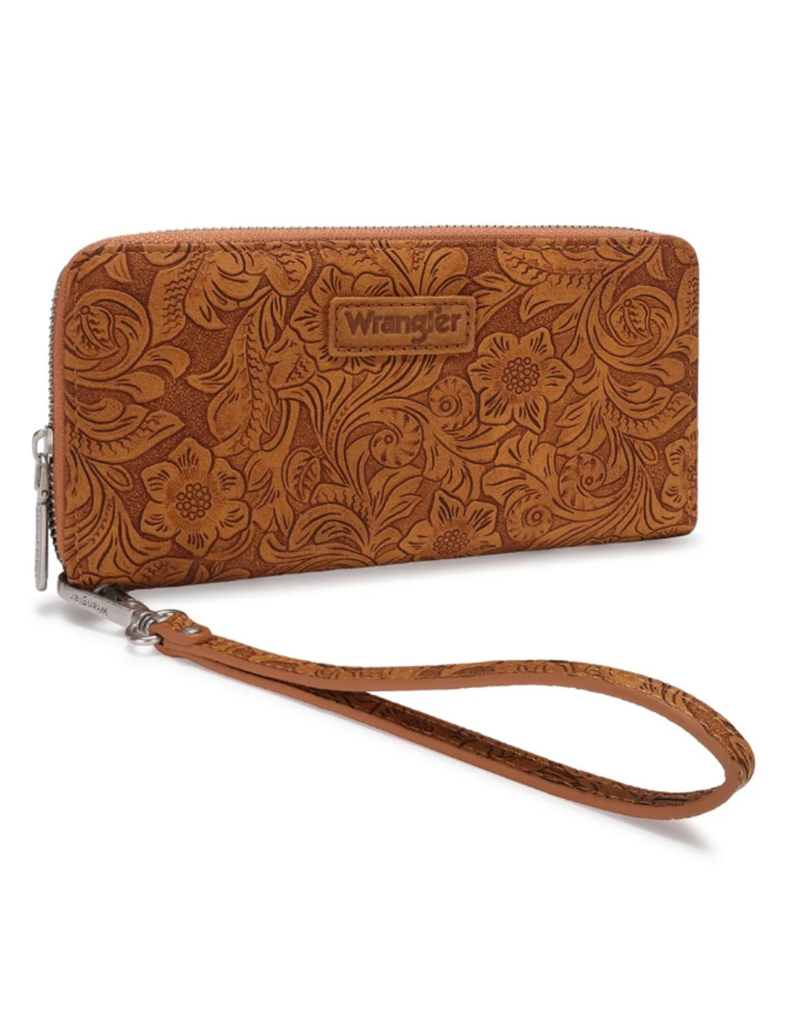 WRISTLET WALLET FLORAL TOOLED RIFD BROWN