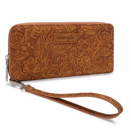 WRISTLET WALLET FLORAL TOOLED RIFD BROWN